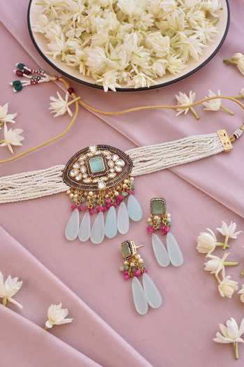 Buy_Swabhimann_Silver Plated Pearls Kundan Embellished Choker Set _Online_at_Aza_Fashions