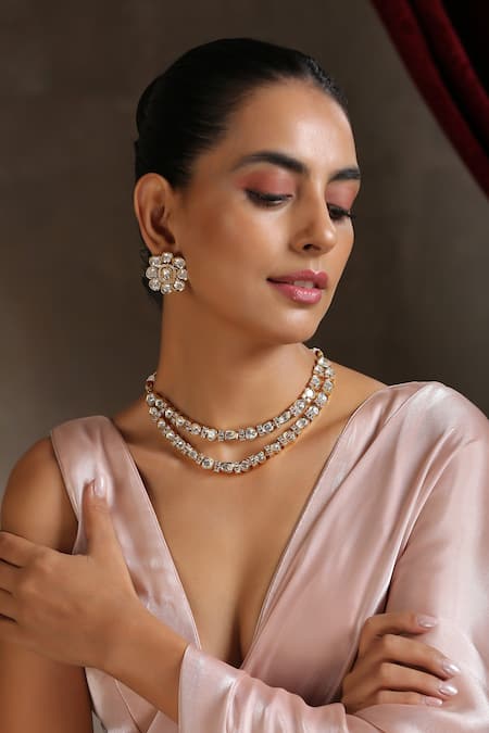 Swabhimann_White Zari Layered Embellished Necklace Set _Online_at_Aza_Fashions
