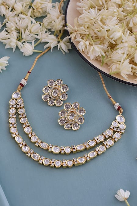 Shop_Swabhimann_White Zari Layered Embellished Necklace Set _Online_at_Aza_Fashions