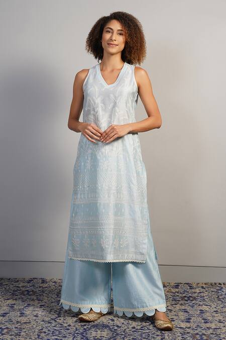 Buy_Samant Chauhan_Blue Cotton Silk Embroidered Aari V Neck Kurta Set _Online_at_Aza_Fashions