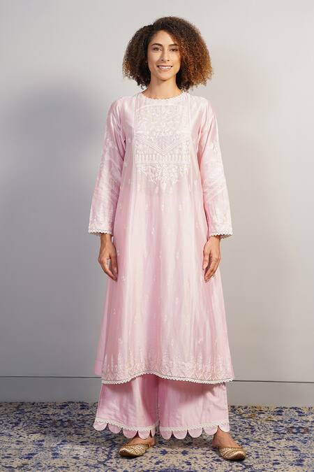 Buy_Samant Chauhan_Pink Cotton Silk Embroidered Aari Round Straight Kurta Set _Online_at_Aza_Fashions