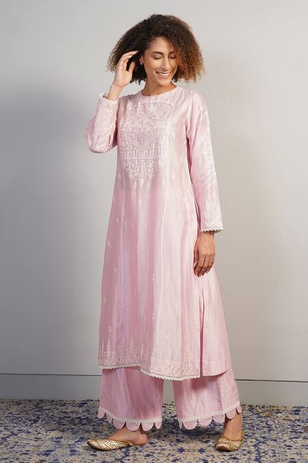 Shop_Samant Chauhan_Pink Cotton Silk Embroidered Aari Round Straight Kurta Set _Online_at_Aza_Fashions