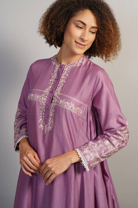 Buy_Samant Chauhan_Purple Cotton Silk Embroidered Floral Round Anarkali And Pant Set _Online_at_Aza_Fashions