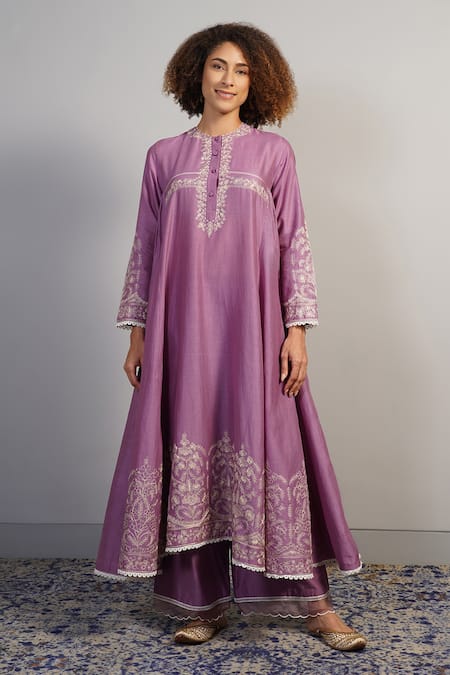Samant Chauhan Purple Cotton Silk Embroidered Floral Round Anarkali And Pant Set