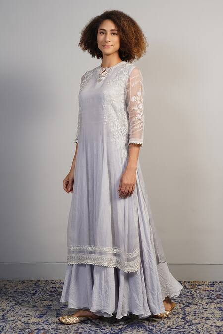 Samant Chauhan_Grey Cotton Silk Embroidered Aari Round Organza Kurta With Dress _Online_at_Aza_Fashions