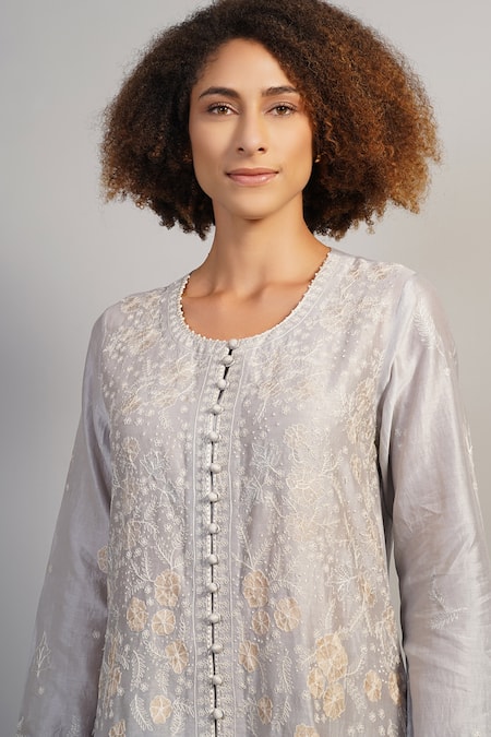 Samant Chauhan_Grey Cotton Silk Embroidered Floral Round Kurta And Pant Set _Online_at_Aza_Fashions