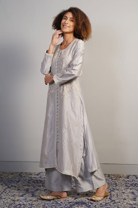 Buy_Samant Chauhan_Grey Cotton Silk Embroidered Floral Round Kurta And Pant Set _Online_at_Aza_Fashions