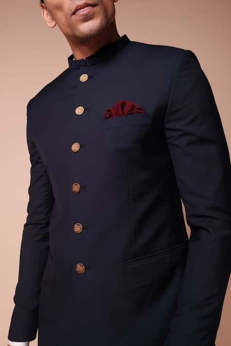 Tisa - Men_Blue Terry Rayon Plain Button Down Bandhgala Set_Online_at_Aza_Fashions