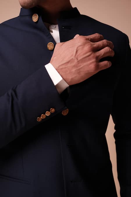 Buy_Tisa - Men_Blue Terry Rayon Plain Button Down Bandhgala Set_Online_at_Aza_Fashions