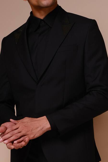 Tisa - Men_Black Terry Rayon Plain Lapel Collar Tuxedo Set_Online_at_Aza_Fashions