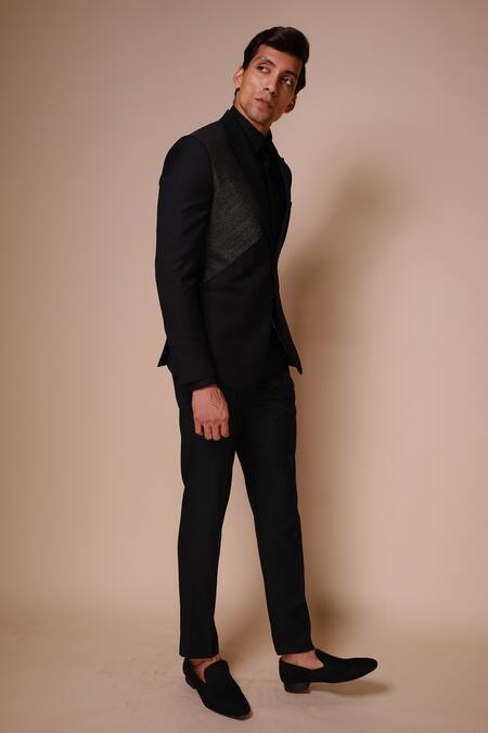 Tisa - Men_Black Terry Rayon Plain Textured Tuxedo Set_Online_at_Aza_Fashions