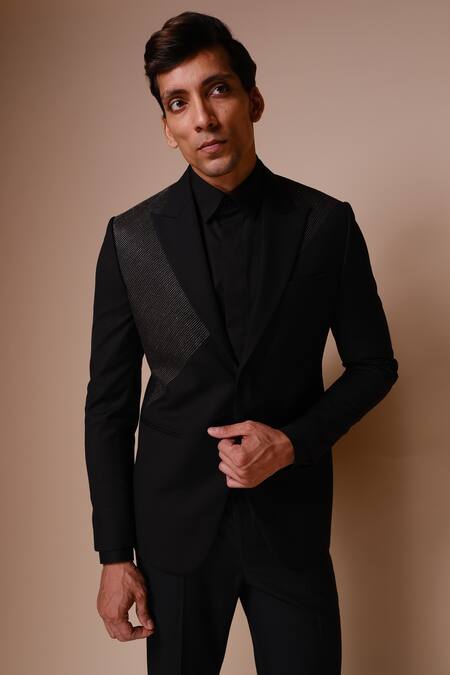 Buy_Tisa - Men_Black Terry Rayon Plain Textured Tuxedo Set_Online_at_Aza_Fashions