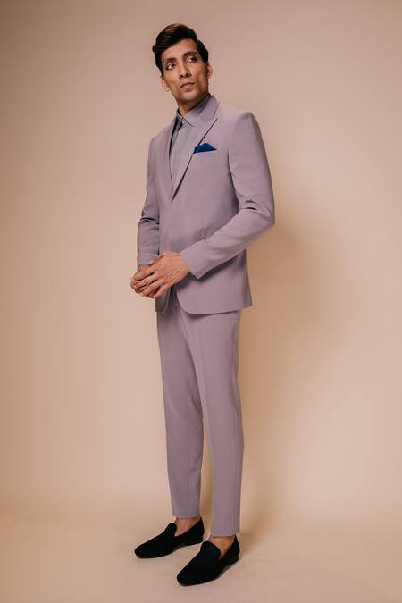 Buy_Tisa - Men_Grey Tuxedo And Trousers- Viscose Polyester Plain Peak Shawl Lapel Collar Set_Online_at_Aza_Fashions