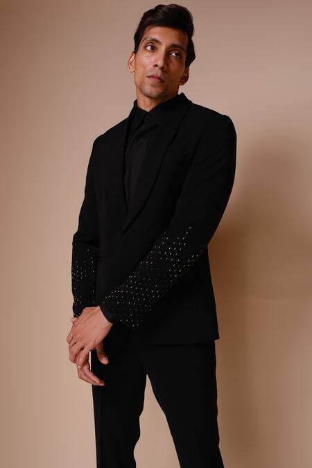Tisa - Men_Black Tuxedo And Trousers- Viscose Polyester Embroidery Cutdana Sleeve Set_Online_at_Aza_Fashions