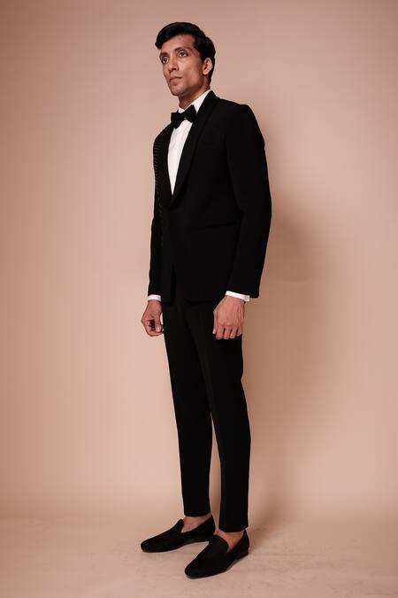 Tisa - Men_Black Tuxedo And Trousers- Viscose Polyester Embroidery Shawl Lapel Collar Set_Online_at_Aza_Fashions