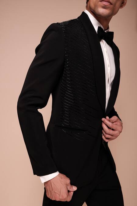 Buy_Tisa - Men_Black Tuxedo And Trousers- Viscose Polyester Embroidery Shawl Lapel Collar Set_Online_at_Aza_Fashions