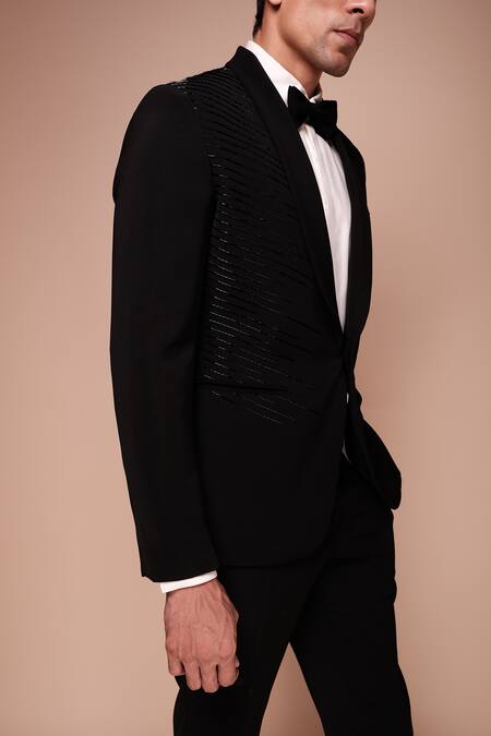 Shop_Tisa - Men_Black Tuxedo And Trousers- Viscose Polyester Embroidery Shawl Lapel Collar Set_Online_at_Aza_Fashions