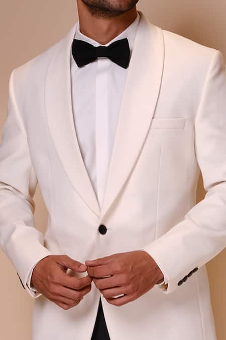 Tisa - Men_Black Tuxedo- Viscose Polyester Trousers And Shirt Terry Rayon Shawl Collar Set_Online_at_Aza_Fashions