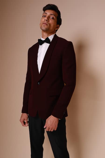 Tisa - Men_Maroon Tuxedo- Viscose Polyester Trousers And Shirt Terry Shawl Lapel Collar Set_Online_at_Aza_Fashions
