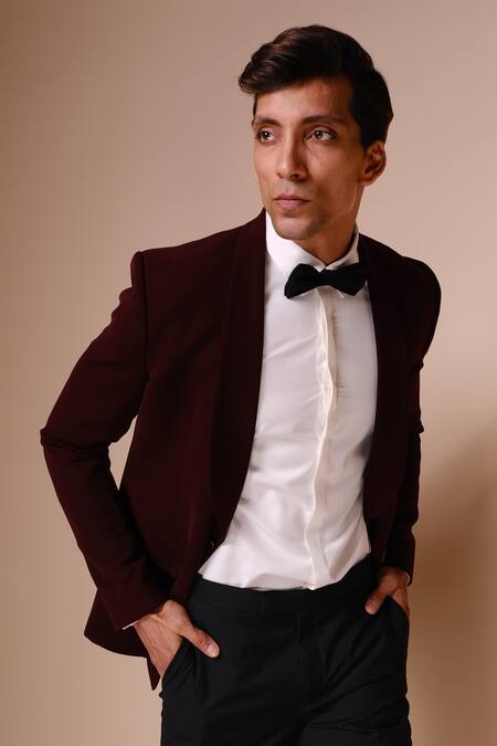 Buy Maroon Tuxedo- Viscose Polyester Trousers And Shawl Lapel Collar Set  For Men by Tisa - Men Online at Aza Fashions.