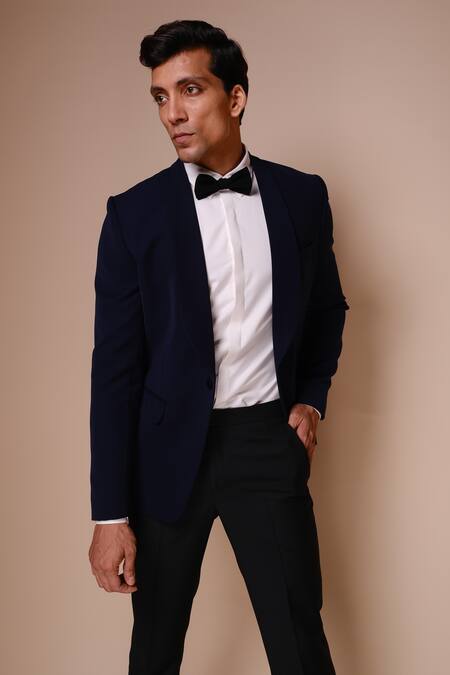 Tisa - Men_Blue Tuxedo- Viscose Polyester Trousers And Shirt Terry Shawl Lapel Collar Set_Online_at_Aza_Fashions