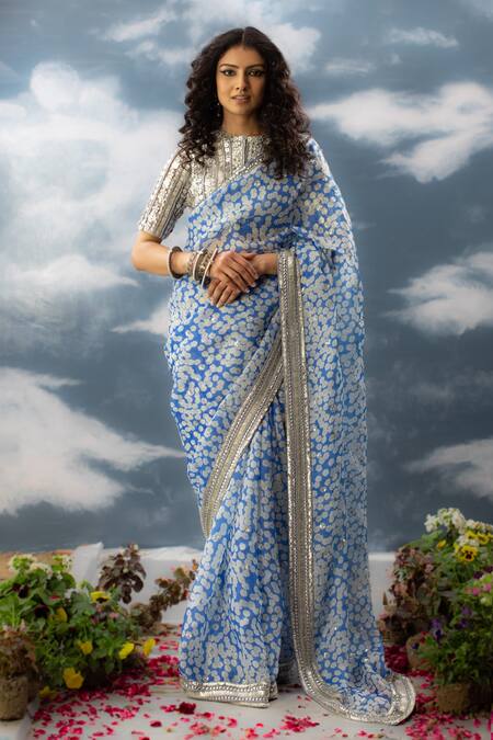 SAKSHAM & NEHARICKA Blue Organza Printed And Hand Embroidered Floral Chaahat Saree  4