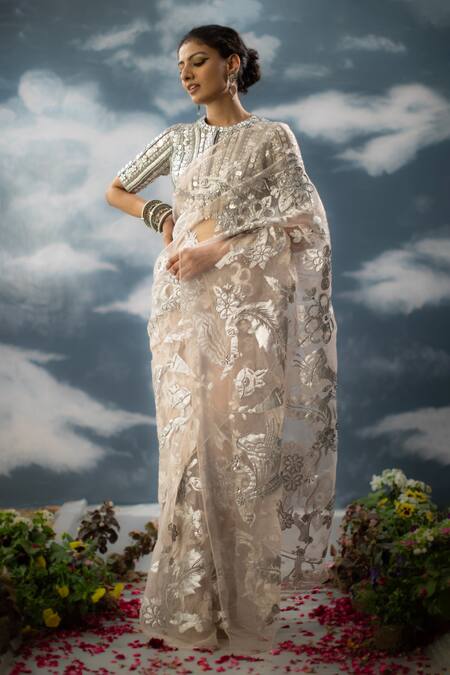 SAKSHAM & NEHARICKA_Peach Hand Embroidered Patch Pushp Work Saree _Online_at_Aza_Fashions