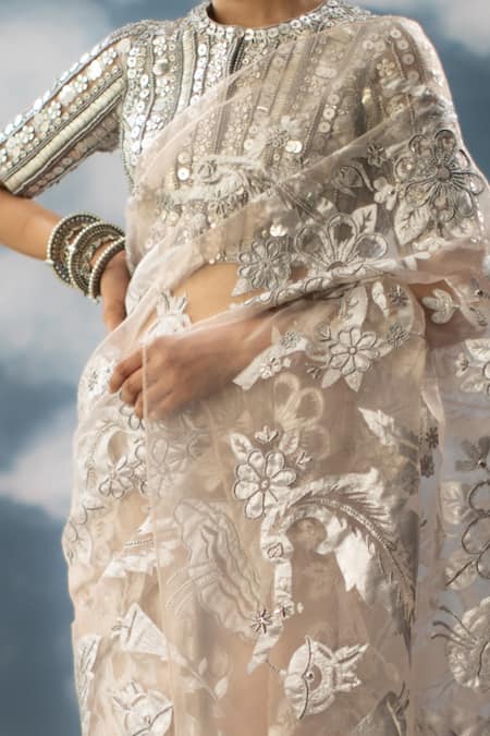 Buy_SAKSHAM & NEHARICKA_Peach Hand Embroidered Patch Pushp Work Saree _Online_at_Aza_Fashions