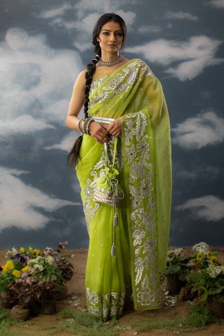 Saksham & Neharicka_Green Net, Chanderi, Cotton Satin Sequins, Beads, Iccha Hand Embroidered Blouse_Online_at_Aza_Fashions