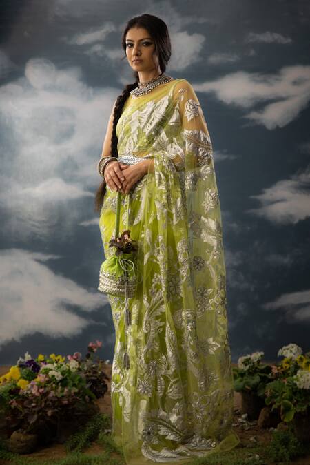 Buy Saksham & Neharicka Green Net Embroidery, Zari, Patchwork Floral Jaal Saree Online at Aza Fashions Buy_Saksham & Neharicka_Green Net Embroidery, Zari, Patchwork Floral Jaal Saree _Online_at_Aza_Fashions