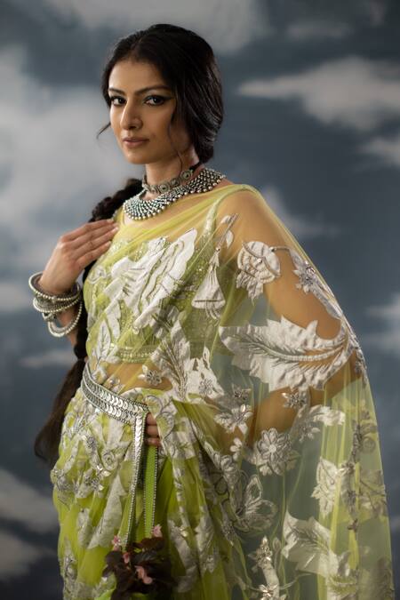 Shop Saksham & Neharicka Green Net Embroidery, Zari, Patchwork Floral Jaal Saree Online at Aza Fashions Shop_Saksham & Neharicka_Green Net Embroidery, Zari, Patchwork Floral Jaal Saree _Online_at_Aza_Fashions