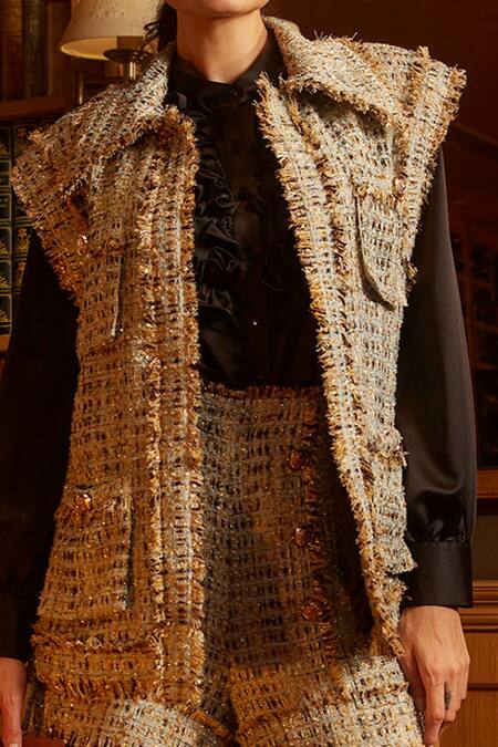 Shop_Label Deepika Nagpal_Gold Tweed, Lining Taffeta Collared Neck Sleeveless Jacket_Online_at_Aza_Fashions