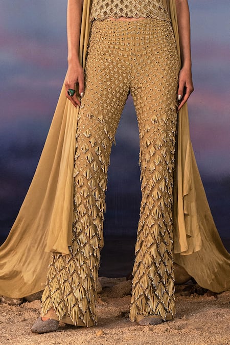 Rohit Gandhi + Rahul Khanna Green Tulle Embroidery Sequins Square Citrine Swing Top With Fornix Trouser Online at Aza Fashions Rohit Gandhi + Rahul Khanna_Green Tulle Embroidery Sequins Square Citrine Swing Top With Fornix Trouser _Online_at_Aza_Fashions