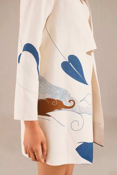 Shop_Ampm_Ivory Linen Embroidery Sweetheart Neck Contrast Leaf Print Jacket And Shorts Set_Online_at_Aza_Fashions