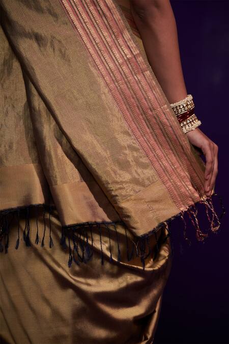 Buy_Dressfolk_Gold Pure 100% Handloom Silk, Satin Stripe Border Saree With Running Blouse_Online_at_Aza_Fashions