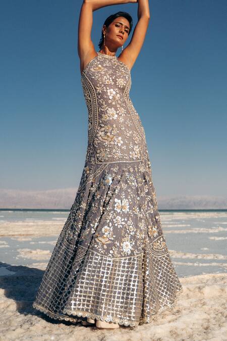Sahil Kochhar_Blue Net Sequins, Embroidery Halter Neck Waqif Floral Gown _Online_at_Aza_Fashions