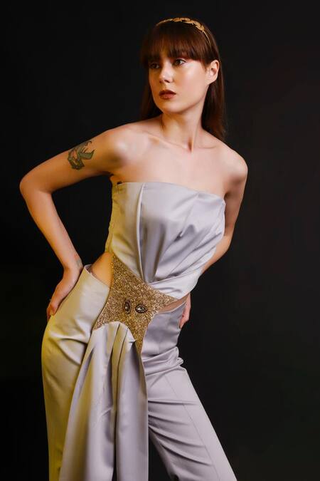 Buy_Sanchi Juneja_Grey Italian Satin Gold Sequins, Zardosi Bell-bottom Pant Set _Online_at_Aza_Fashions