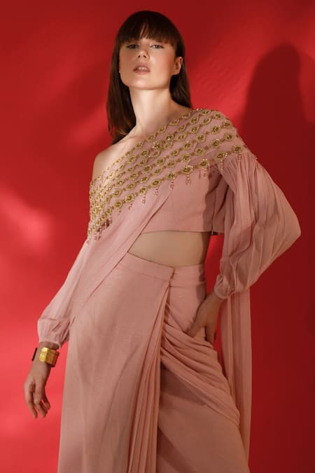 Sanchi Juneja_Grey Metallic Georgette Gold Sequins, Pearl Embroidered Pre-stitched Saree Set _at_Aza_Fashions