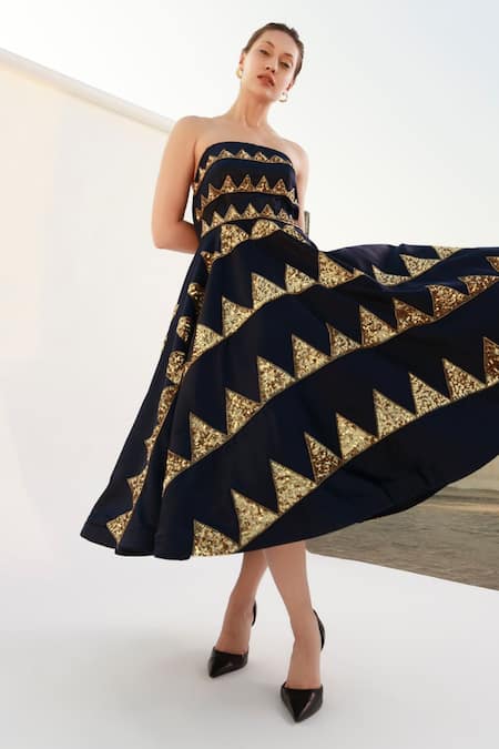 Buy_Sanchi Juneja_Blue Korean Satin Sequins One Shoulder Off Dress _Online_at_Aza_Fashions