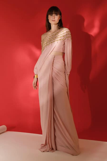 Shop_Sanchi Juneja_Grey Metallic Georgette Gold Sequins, Pearl Embroidered Pre-stitched Saree Set _Online_at_Aza_Fashions