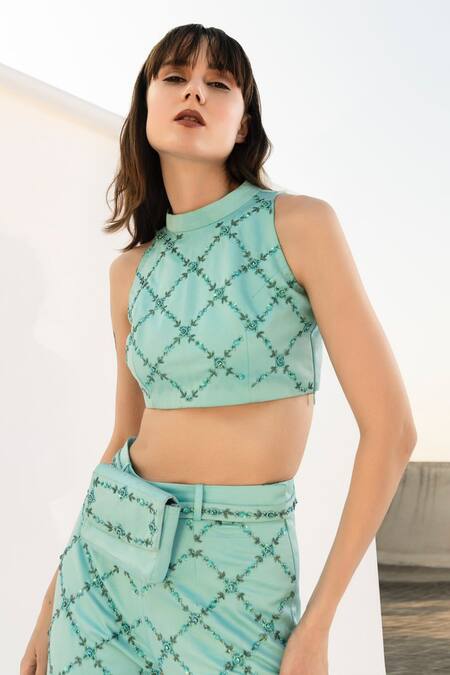 Shop_Sanchi Juneja_Blue Satin Crepe Criss-cross Halter High-low Pant Set _Online_at_Aza_Fashions