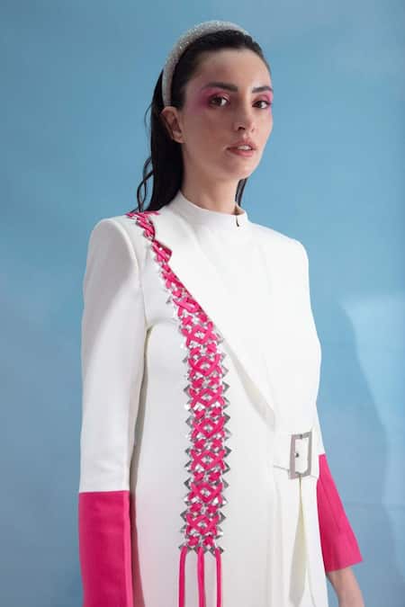 Vidhi Wadhwani_White Crepe, Lycra Fringe Bandeau Neck Cini Panelled Jacket Dress _at_Aza_Fashions