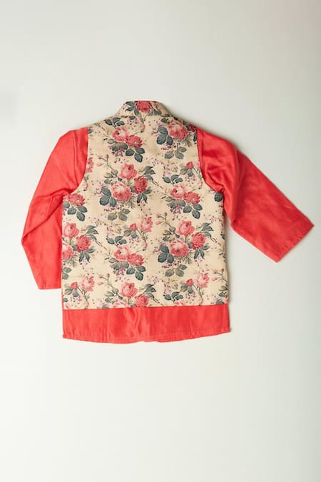 Buy_Shruti Jalan_Beige Silk, Cotton Embroidery Floral Print Bundi And Kurta Set _Online_at_Aza_Fashions