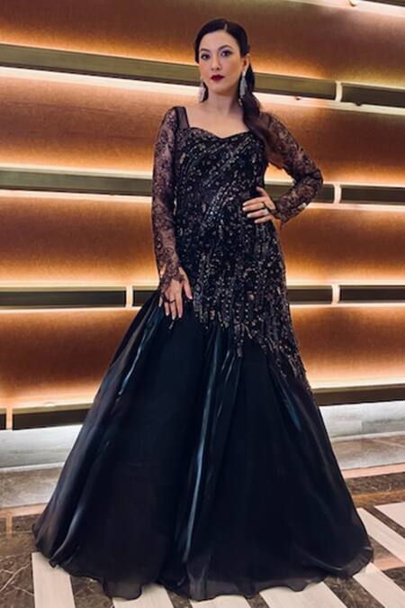 Roqa_Black Net, Satin Sequins Sweetheart Neck Sheer Sleeved Mermaid Gown _at_Aza_Fashions