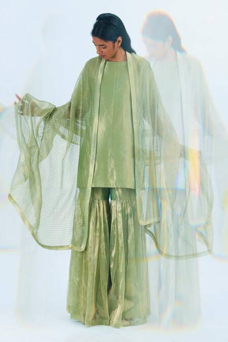 Akaaro_Green Silk Round Neck Kurta Sharara Set _at_Aza_Fashions