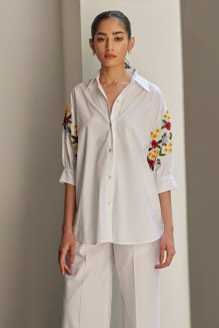 Betrue_White Cotton Embroidery, Sequins Collared Sleeve Shirt _Online_at_Aza_Fashions
