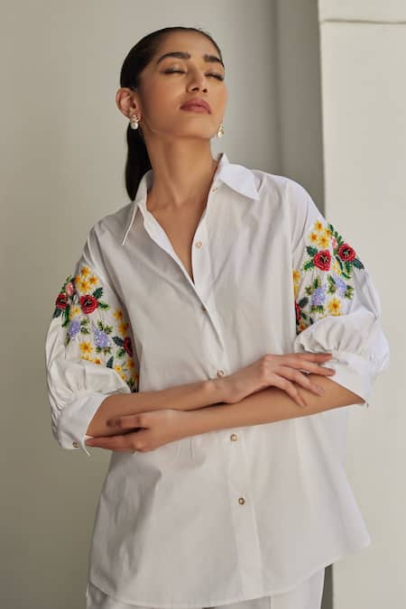 Buy_Betrue_White Cotton Embroidery, Sequins Collared Sleeve Shirt _Online_at_Aza_Fashions