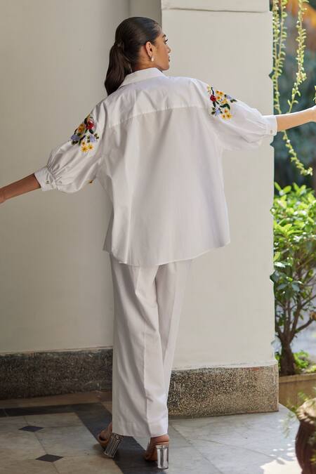 Shop_Betrue_White Cotton Embroidery, Sequins Collared Sleeve Shirt _Online_at_Aza_Fashions