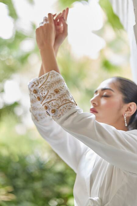 Shop_Betrue_White Modal, Silk Embroidery Collared Wrap Jacket _Online_at_Aza_Fashions