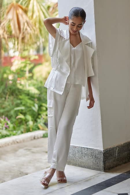 Betrue_White Modal, Silk V-neck, Collared Side Gathered Jacket Pant Set _Online_at_Aza_Fashions